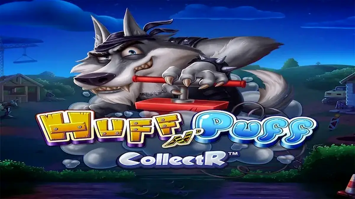 Tampilan visual slot bertema dongeng Huff N’ Puff CollectR dengan elemen babi dan serigala.