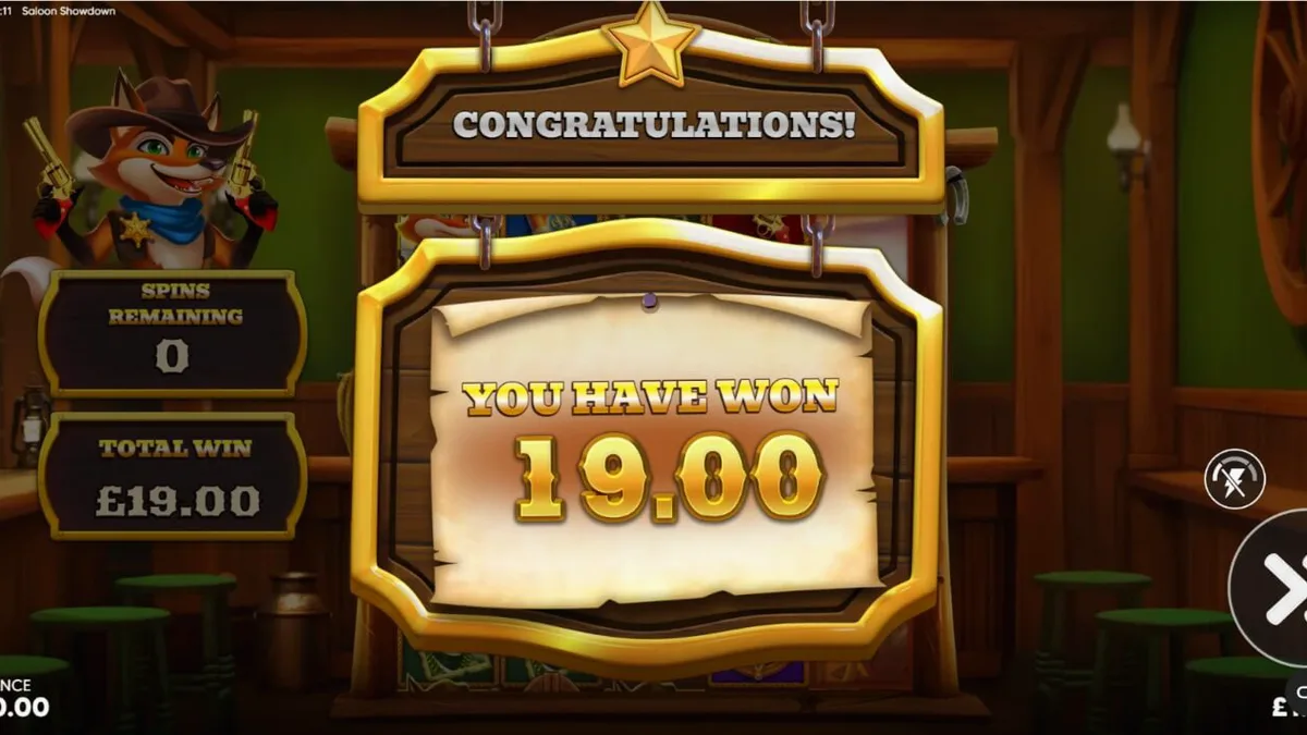 Saloon Showdown 10,000x slot game interface featuring cartoon sheriff